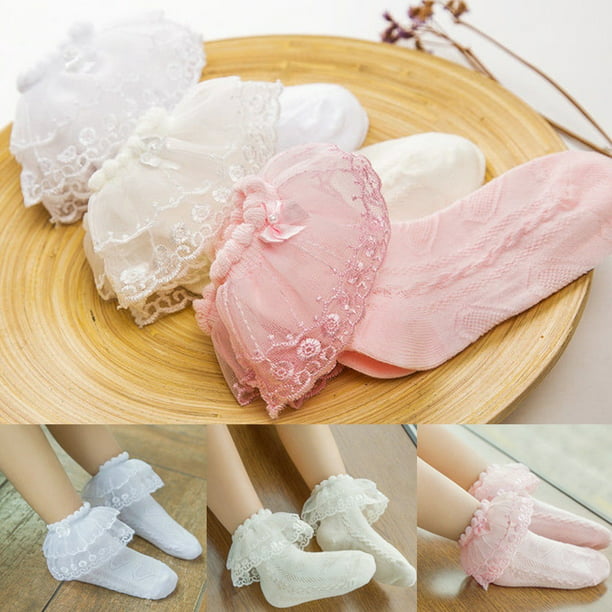 Frilly / Lace Socks Bow and Rose Details, 2 Pack White Baby / Girl